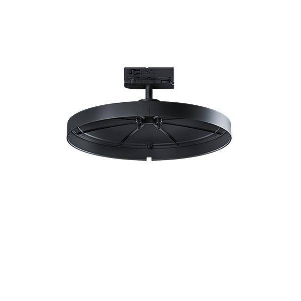 Ein schwarzes rundes Deckenlicht mit flachem Design, an einer Halterung befestigt, von unten gegen einen einfarbigen weißen Hintergrund gesehen.