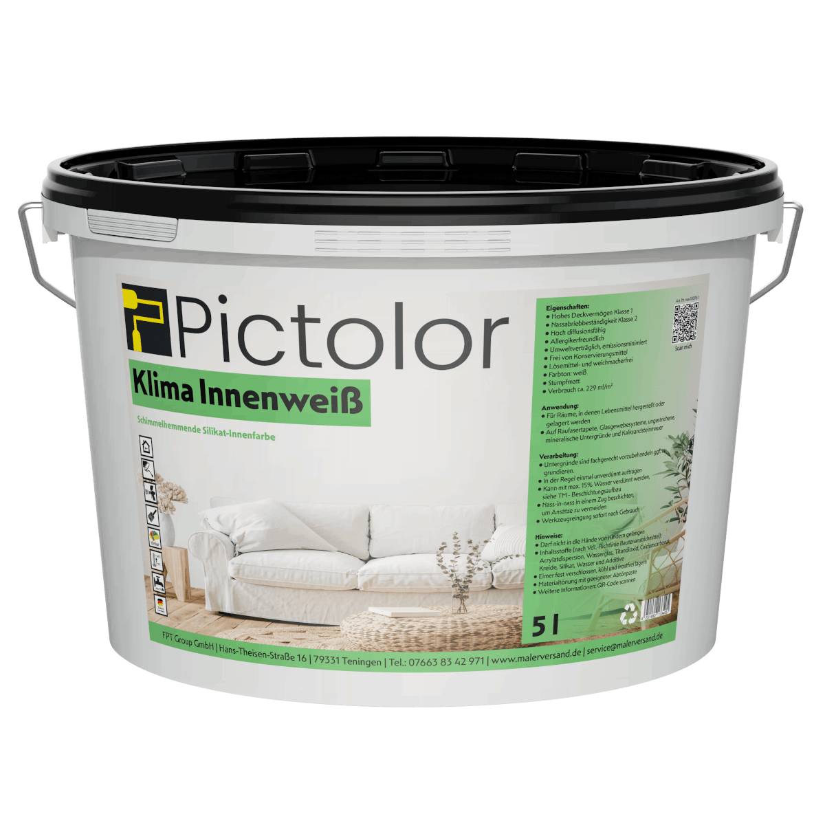 Pictolor@ Klima-Innenweiß Silikat-Wohnraumfarbe 5 Liter