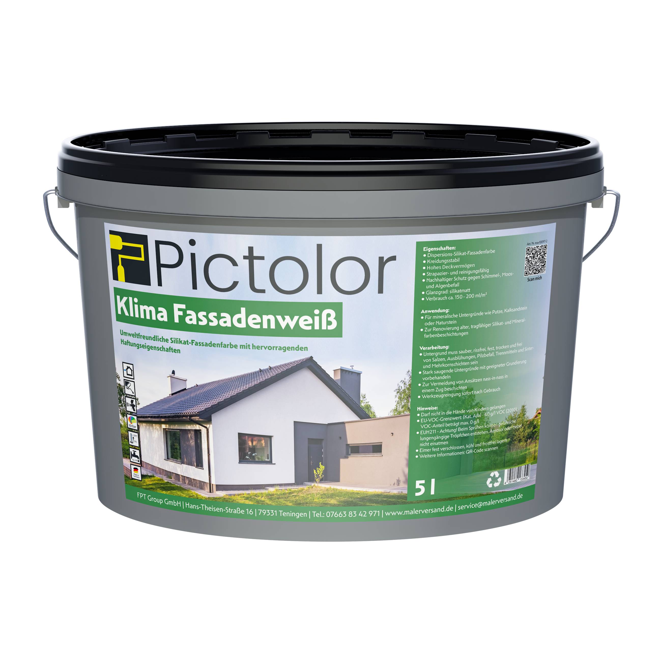 Pictolor@ Klima-Fassadenweiß Silikat-Fassadenfarbe 5 Liter