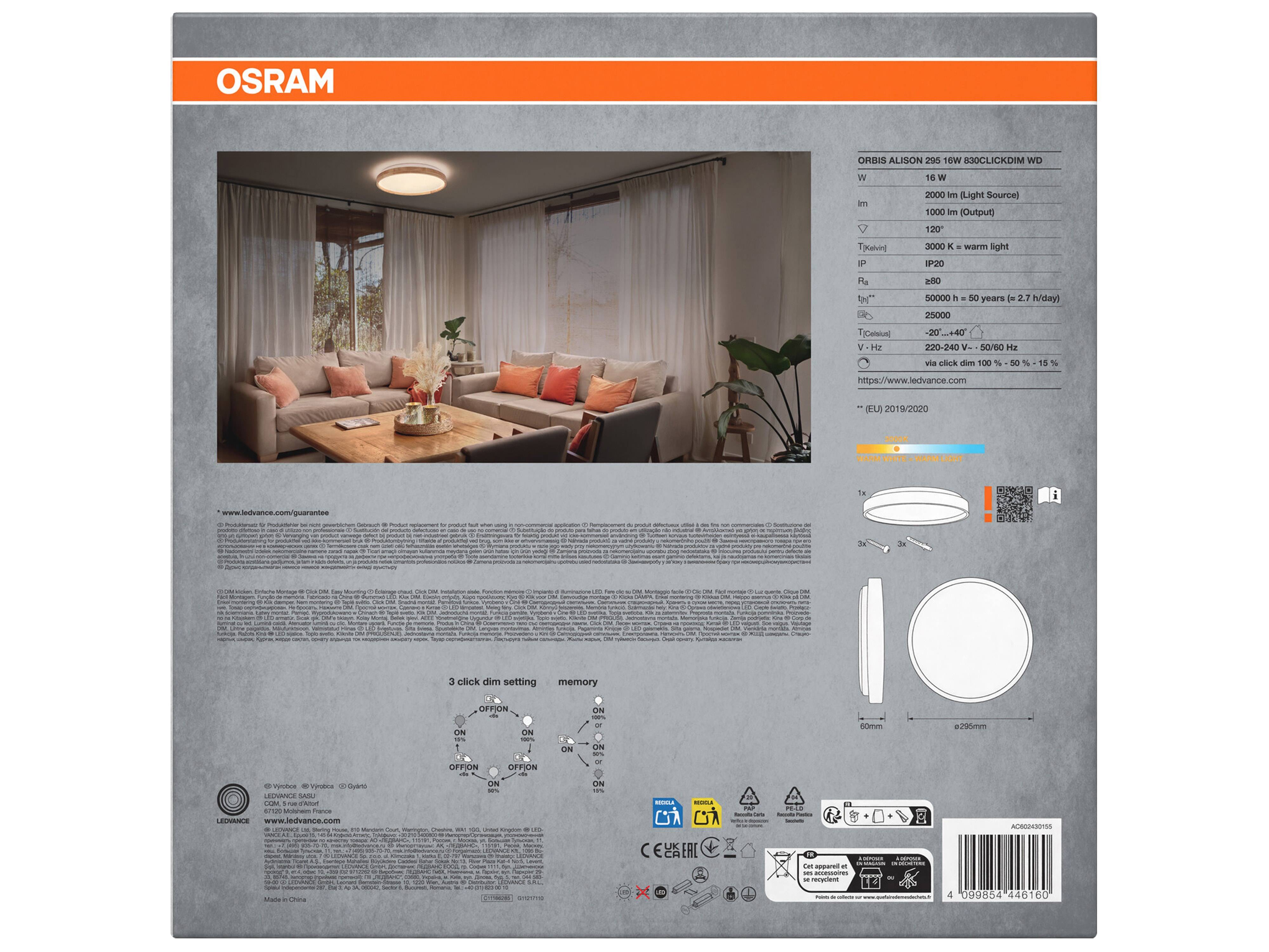 OSRAM LED-Deckenleuchte mit Holzring, 16 W, 3000 K, Dimmbar, EEK: E, 1000 lm, IP20, warmweiß