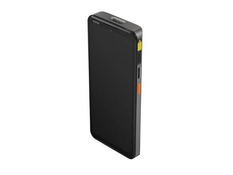 Ein schlankes, schwarzes Handgerät mit einem sichtbaren orangefarbenen Knopf an der Seite und einem großen Touchscreen.