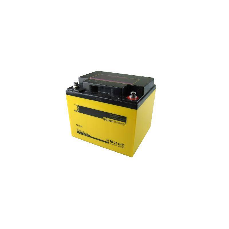 Gelbe Lithiumbatterie mit schwarzem Deckel und rotem Plus-Terminal.