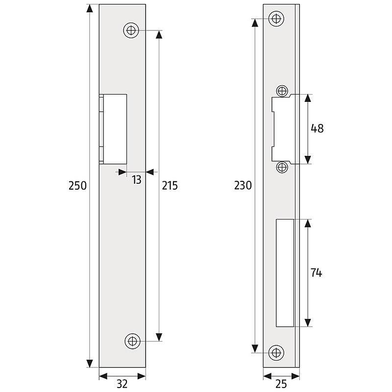 Technische Zeichnung einer schmalen Metalltürplatte mit Ausschnitten und Schraubenlöchern, die Abmessungen in Millimetern zeigt: 250 x 32 auf der linken Seite, 230 x 25 auf der rechten Seite, mit 13, 215, 48 und 74 gekennzeichneten Ausschnittspositionen.