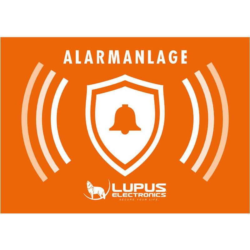 ALARMANLAGE' ist fettgedruckt über einem Schild mit einer Glockenikon dargestellt. Umgebende Muster deuten auf Schallwellen hin. Darunter 'Lupus Electronics' mit einem Wolflogo.