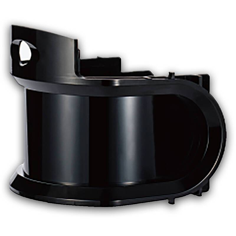 Ein schwarzer, zylindrischer Plastikbehälter mit glatter Oberfläche, der einen eingesenkten Bereich und eine kleine Schlaufe an einem Ende aufweist.