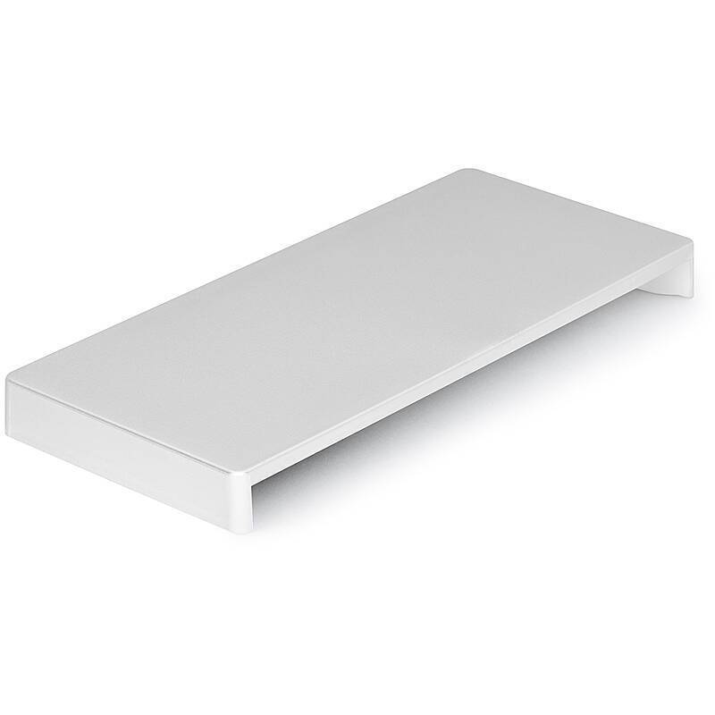 Ein minimalistischer weißer rechteckiger Monitorständer mit klaren Linien, entwickelt, um einen Computerbildschirm für eine ergonomische Sichtposition zu erhöhen.