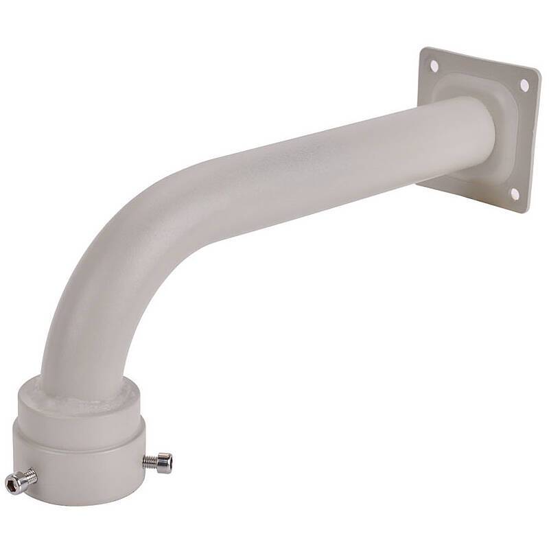 Wandmontagehalterung mit einem gekrümmten Arm und flacher quadratischer Basis, ausgestattet mit zwei Befestigungsschrauben, konzipiert für sichere Wandinstallationen.