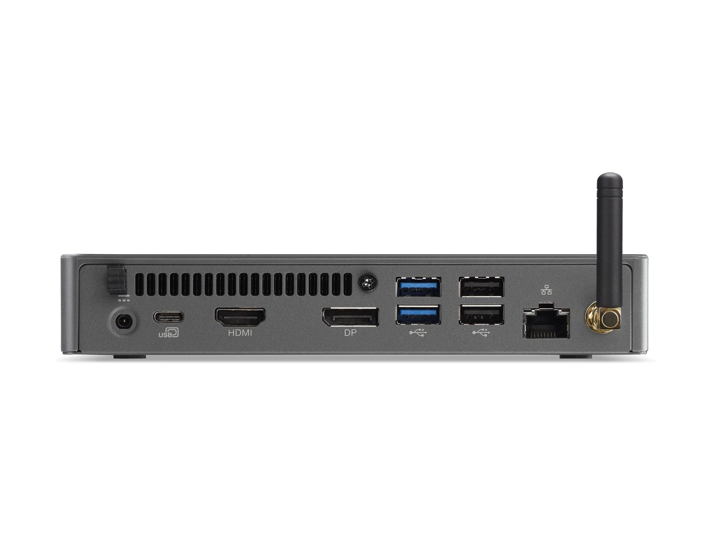 Rückansicht eines Mini-PCs mit vier USB-Anschlüssen, HDMI, DisplayPort, Ethernet, Stromanschluss und einer WLAN-Antenne.