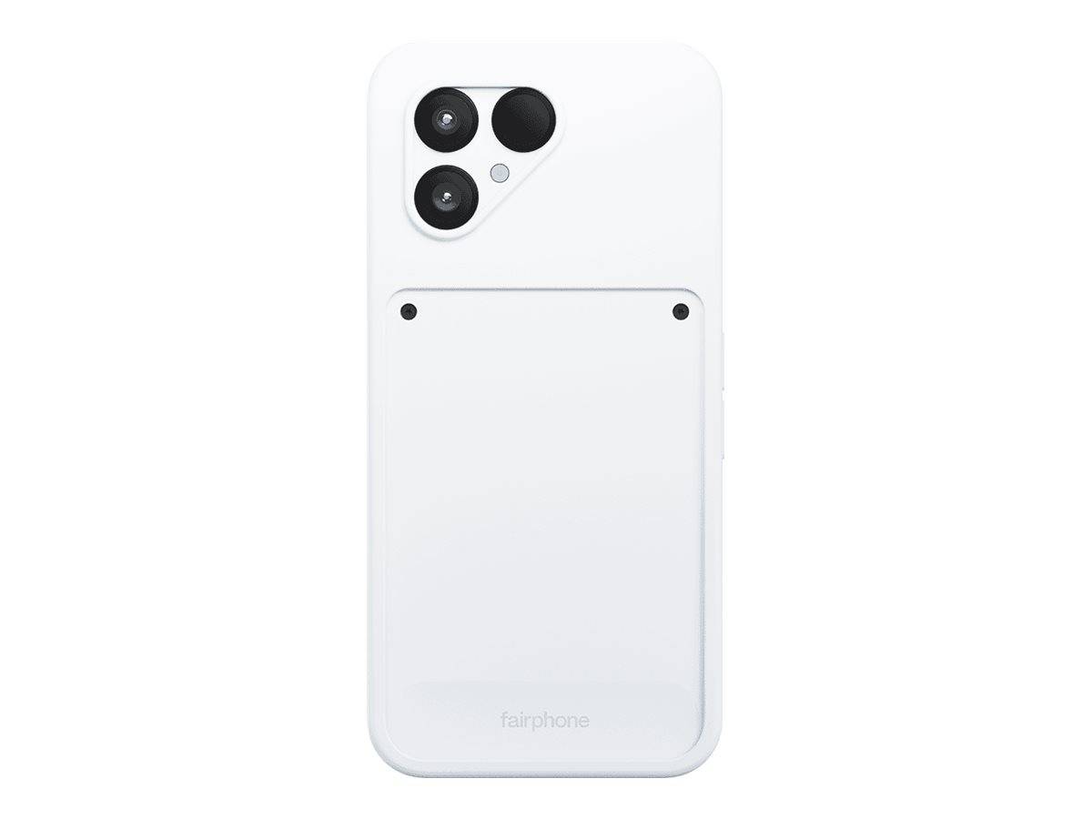 Rückansicht eines weißen Fairphone-Smartphones mit dreifacher rückwärtiger Kamera und abnehmbarem Rückendeckel.