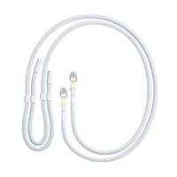 Aufgewickeltes weißes Kabel mit zwei kleinen Lichtverbindern an jedem Ende, gezeigt auf einfachem weißem Hintergrund.