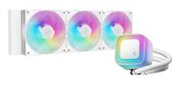Drei RGB-Computerlüfter mit einer passenden RGB-Flüssigkeitskühlungspumpe und Schläuchen auf weißem Hintergrund.
