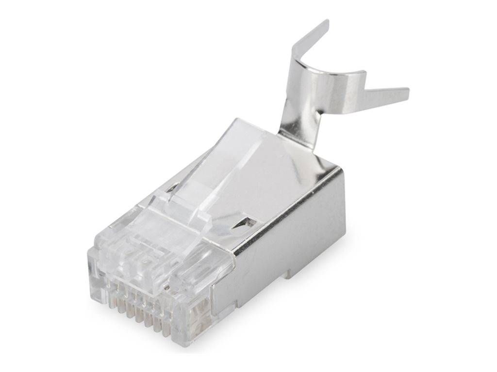 Ethernet-RJ45-Stecker mit Metallabschirmung und durchsichtiger Kunststoffspitze auf weißem Hintergrund.