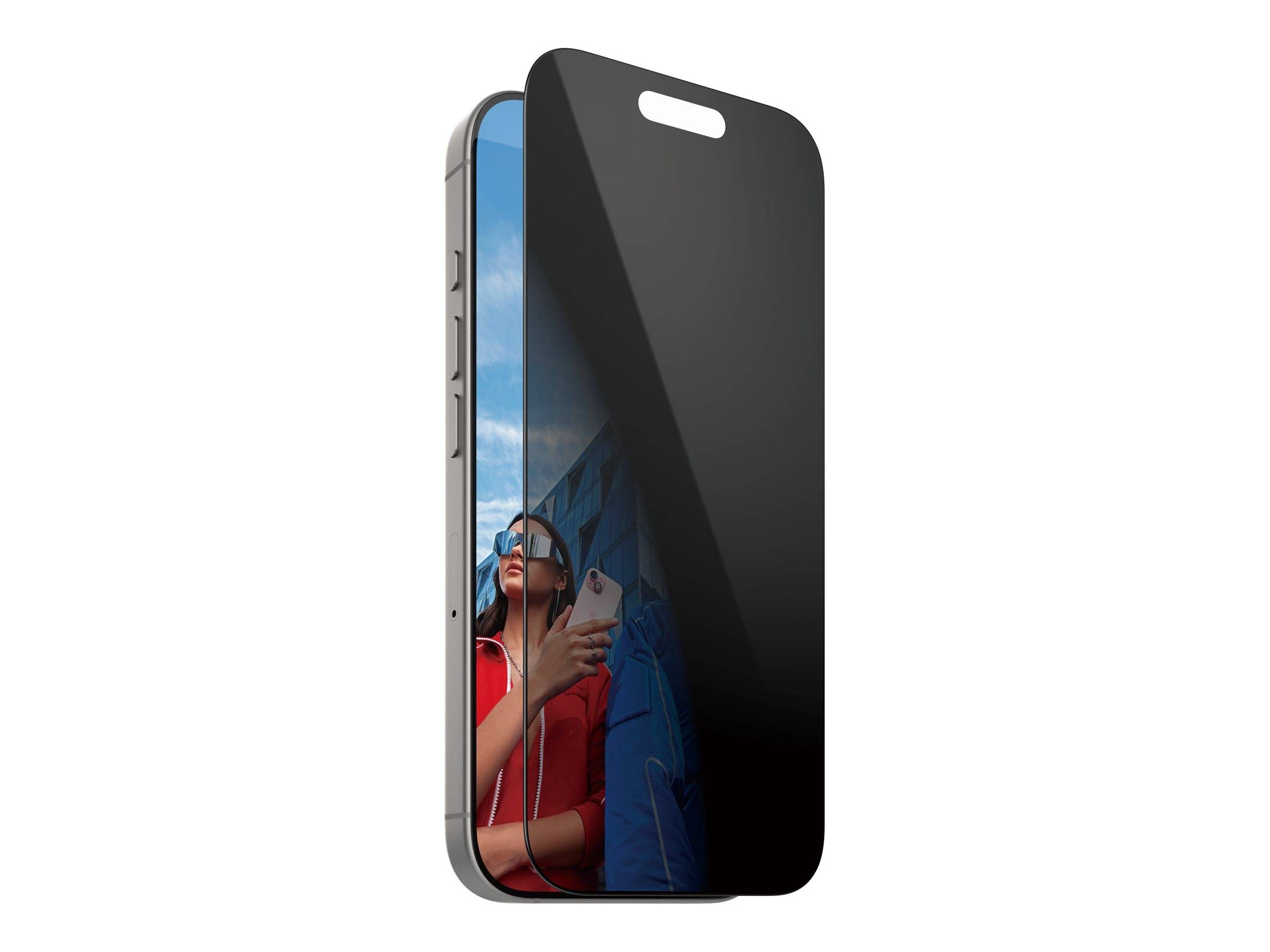 Smartphone mit schwarzem Schutzetui auf der Vorderseite, teilweise geöffnet, um den Bildschirm und die Spiegelung einer Person zu zeigen, die ein Telefon hält.