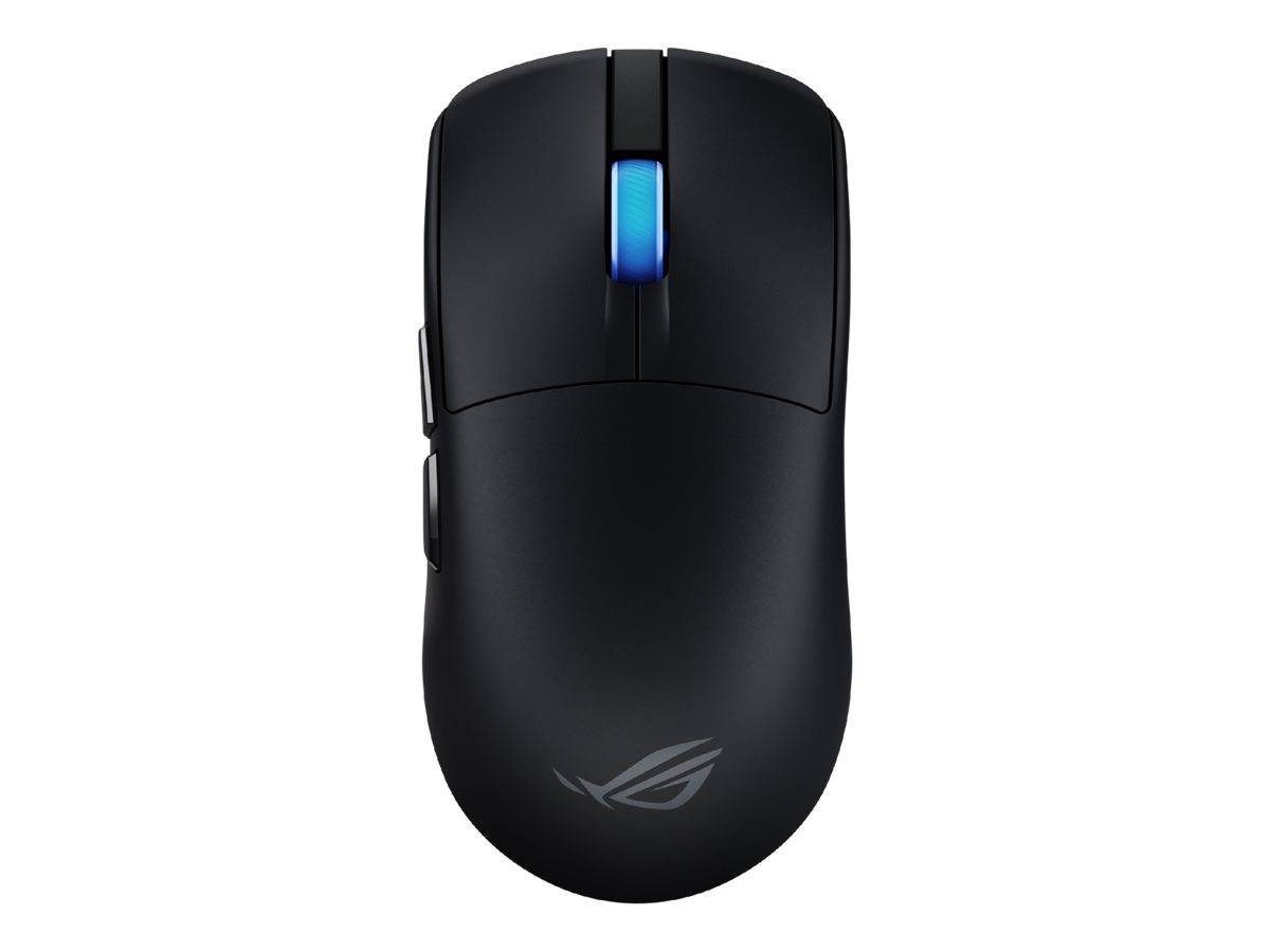 Schwarze Computermaus mit blauem Scrollrad und ROG-Logo auf weißem Hintergrund