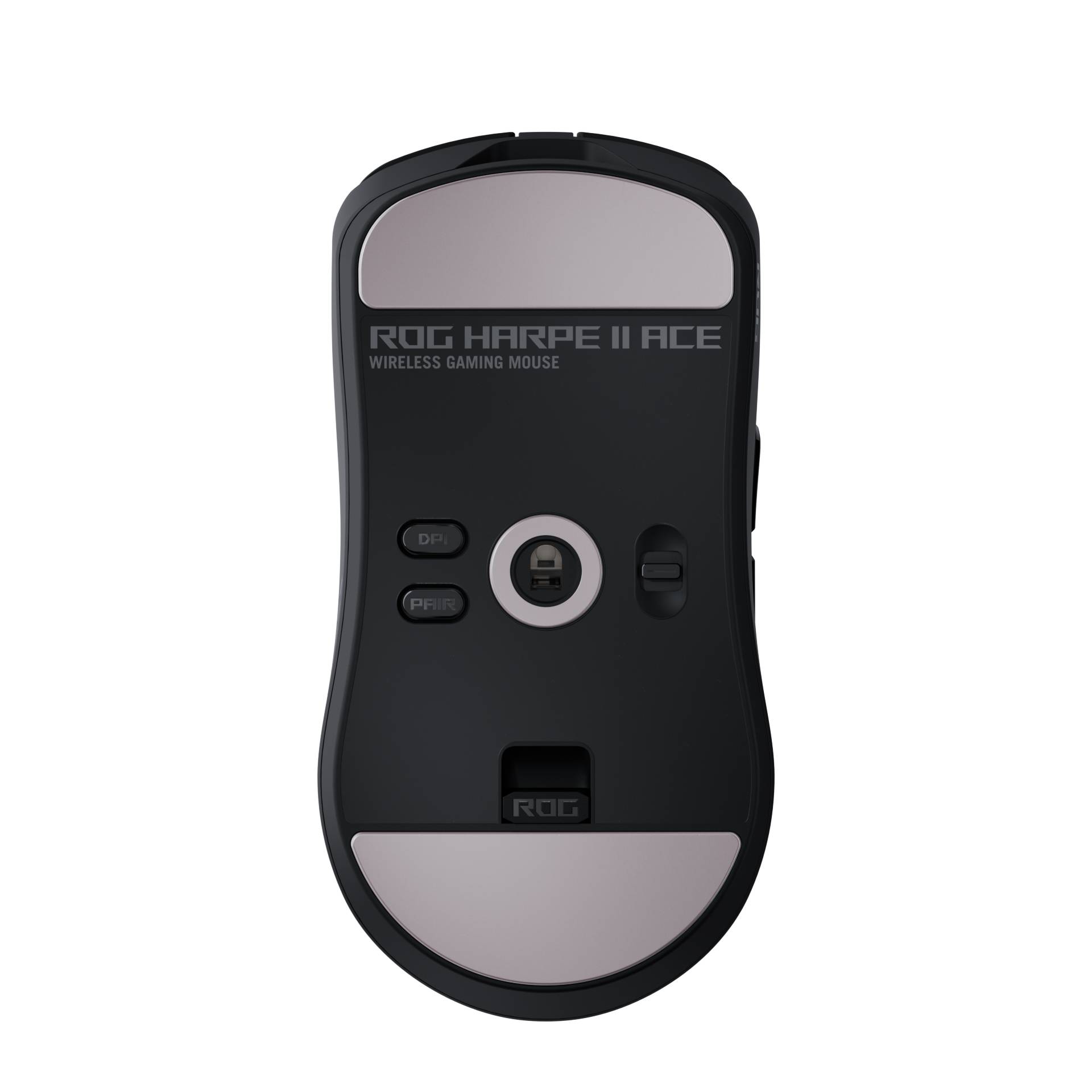 Draufsicht auf eine schwarze ROG Harpe II Ace kabellose Gaming-Maus mit beleuchteten Flächen, mittlerer Taste und Seitentasten auf schwarzem Hintergrund.