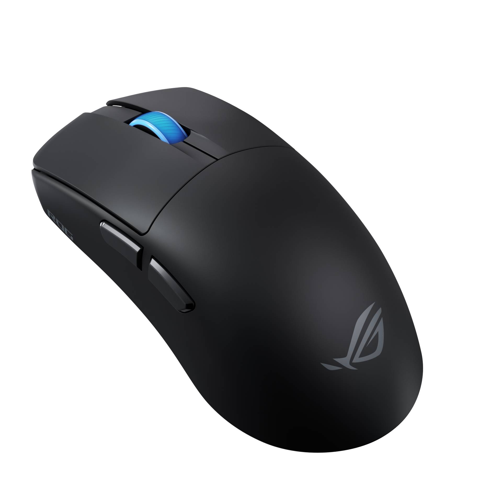 Schwarze kabellose Gaming-Maus mit blauem Scrollrad und Seitentasten, abgebildet auf schwarzem Hintergrund mit ROG-Logo.