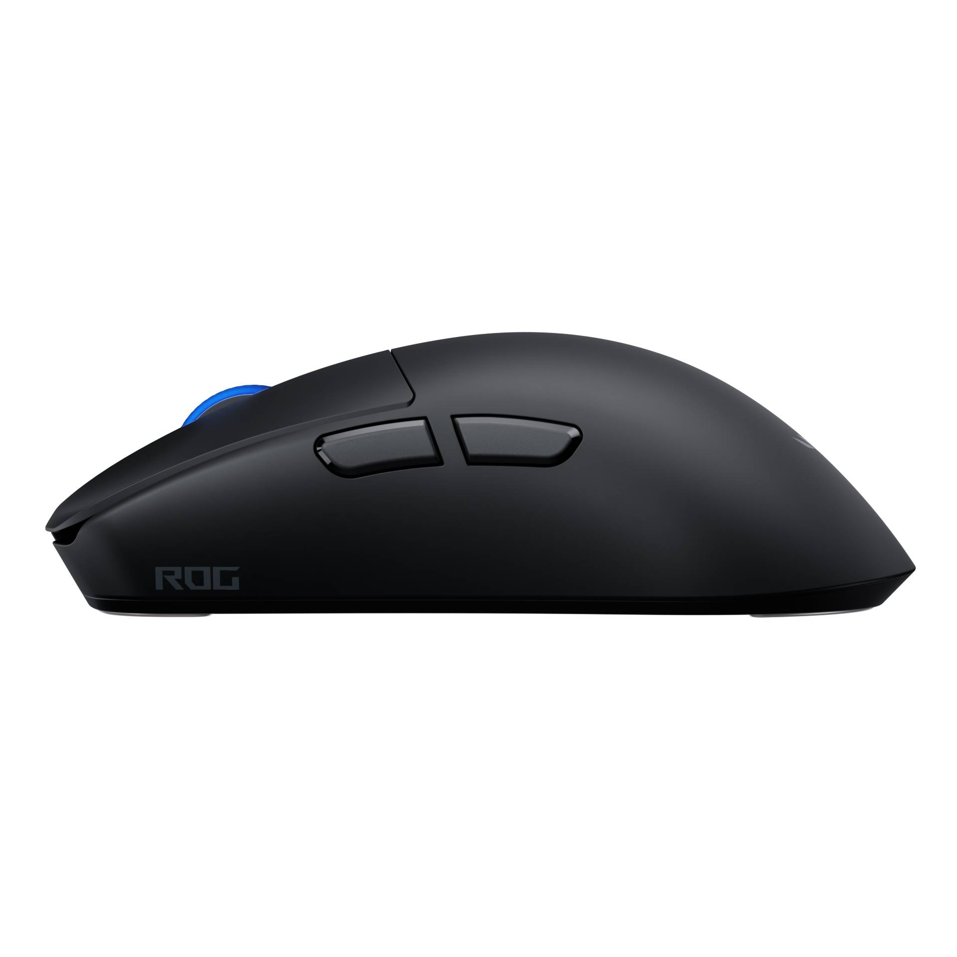 Schwarze ROG kabellose Gaming-Maus in Seitenansicht, mit blauer Akzentbeleuchtung und zwei Seitentasten.