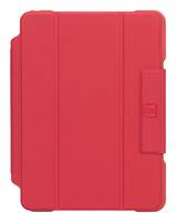 Ein roter Tabletkoffer mit einem Schutzdeckel, der ein faltbares Design und eine Klappe an der rechten Seite aufweist.