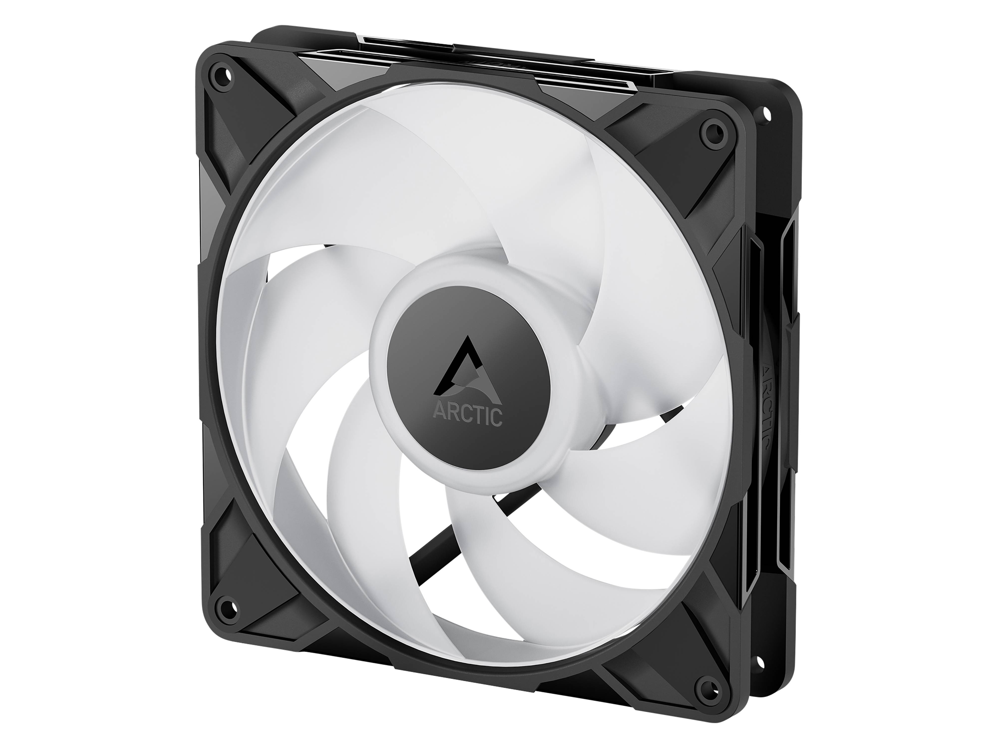 Ein schwarz-weißer Computer-Kühlventilator mit dem Markennamen 