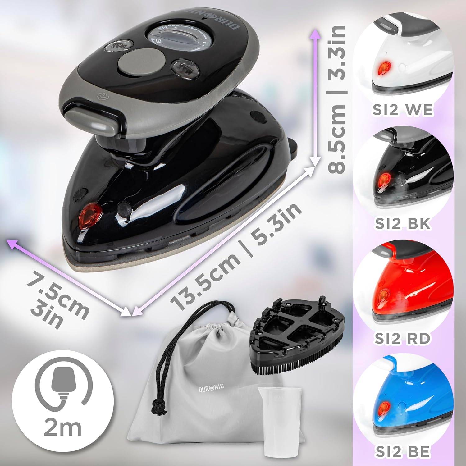 Duronic SI2 BK Mini Reisebügeleisen 375W, Dampfbügeleisen, Travel Iron