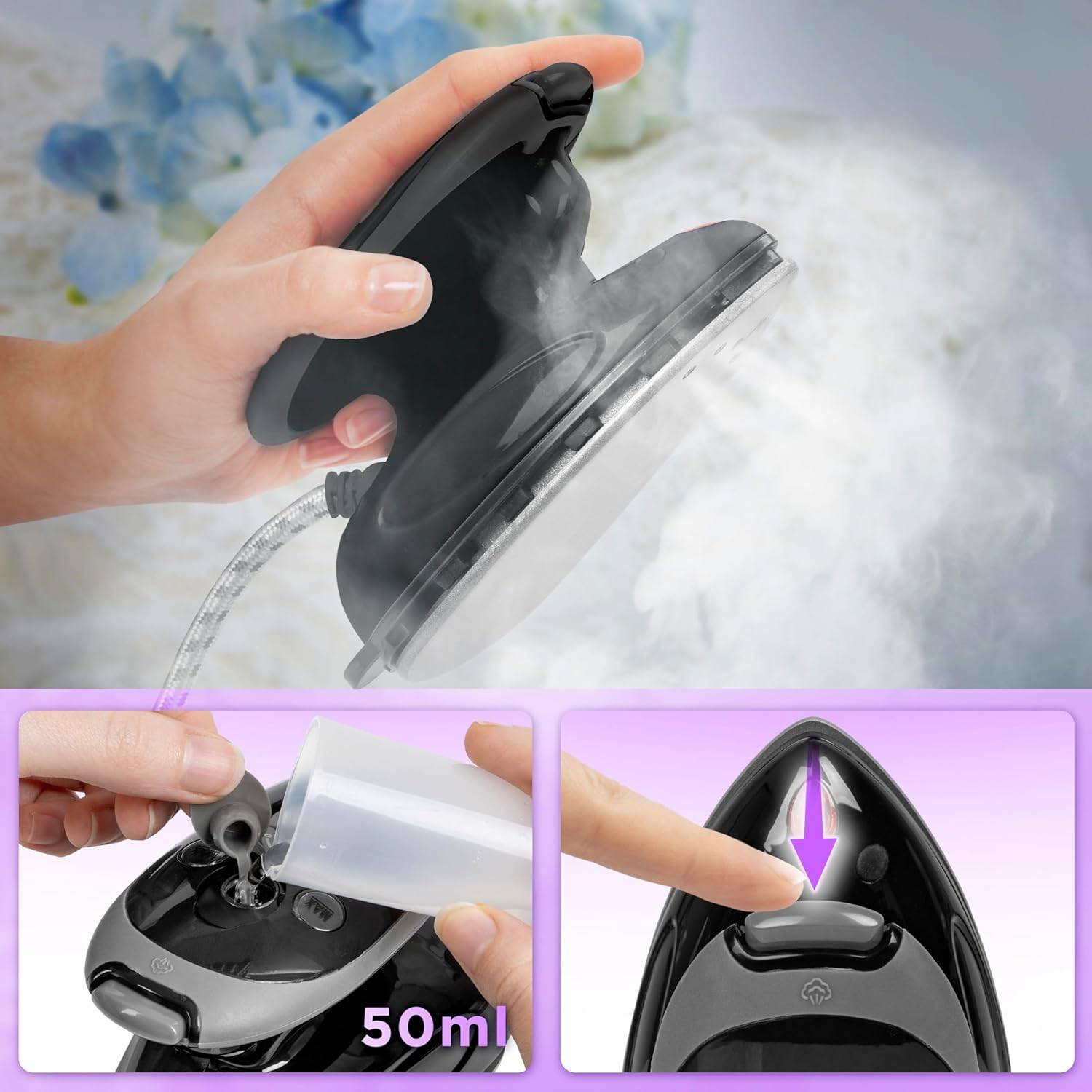 Duronic SI2 BK Mini Reisebügeleisen 375W, Dampfbügeleisen, Travel Iron