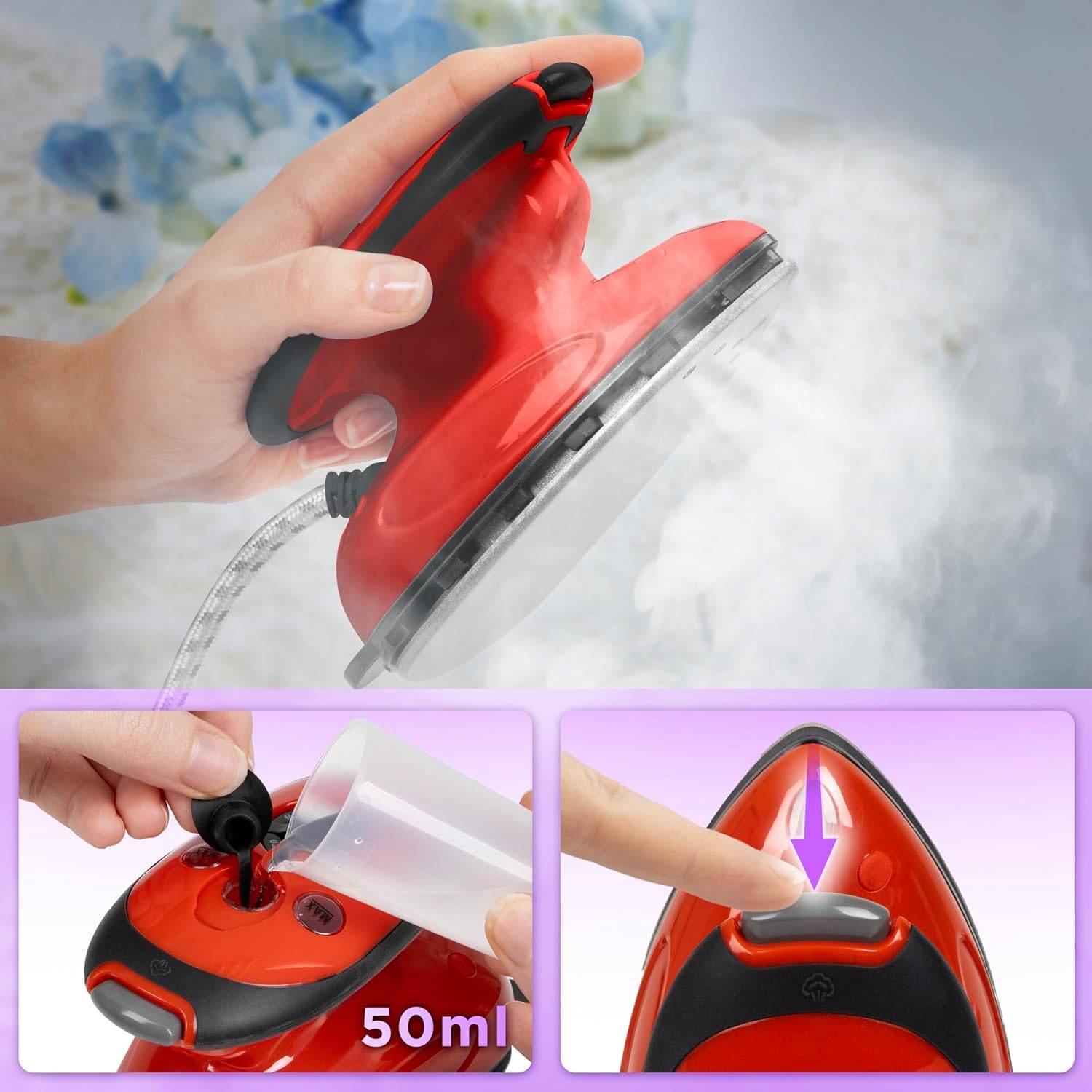 Duronic SI2 RD Mini Reisebügeleisen 375W, Dampfbügeleisen, Travel Iron