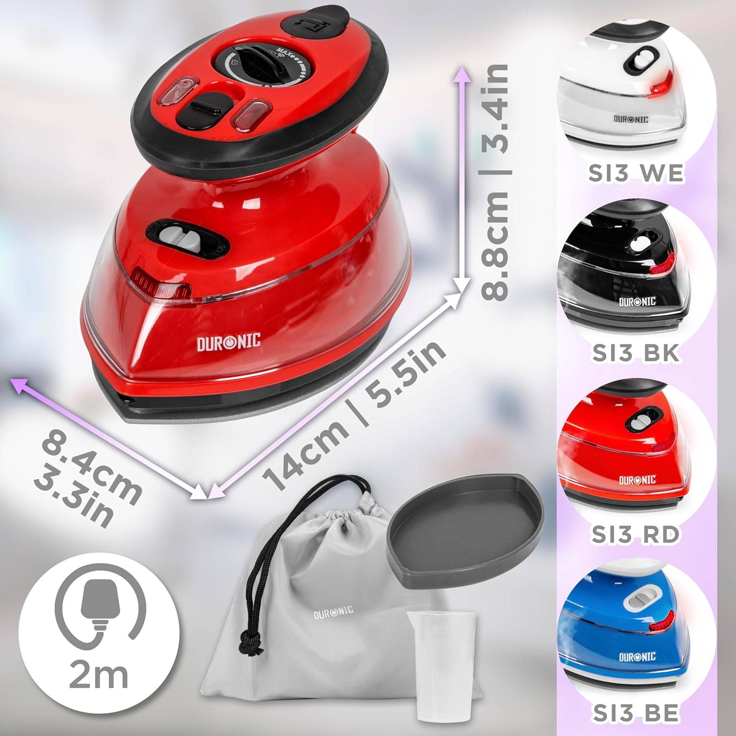 Duronic SI3 RD Mini Reisebügeleisen 400W, Dampfbügeleisen, Keramiksohle