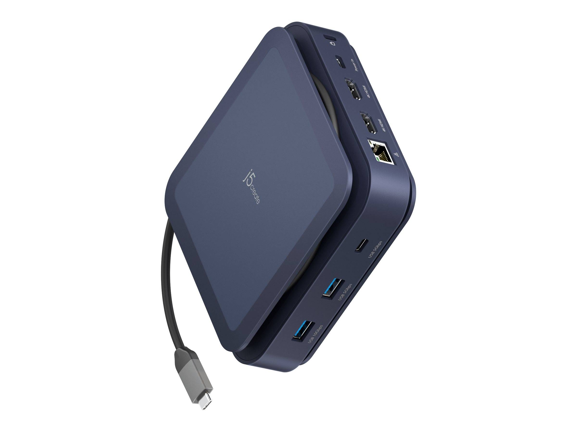 Ein kompakter, dunkelblauer USB-C-Hub mit mehreren Anschlüssen, einschließlich USB, HDMI, Ethernet und SD-Kartensteckplätzen, mit einem verbundenen Kabel dargestellt.