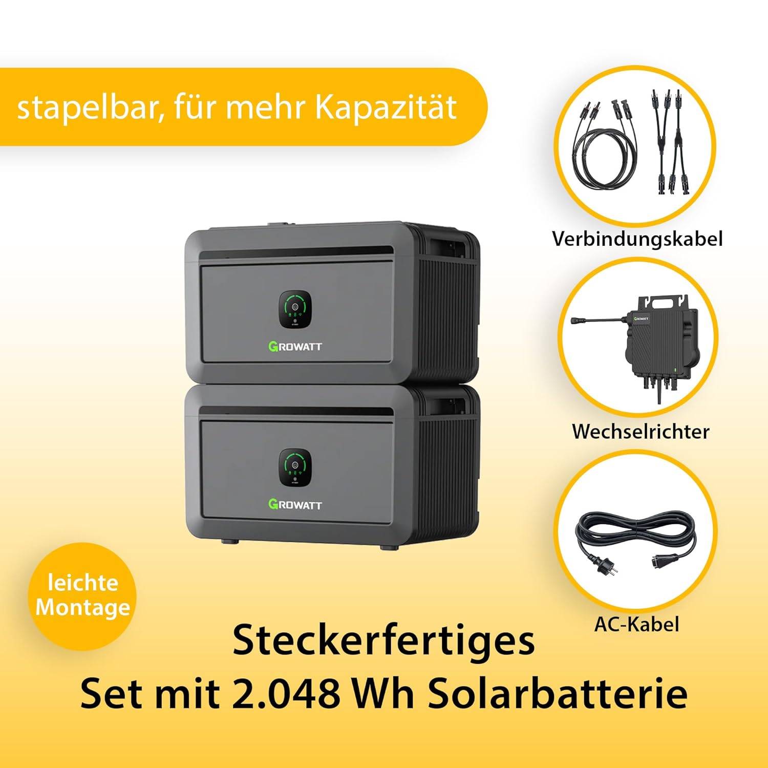 VALE Balkonkraftwerk Bifazial 900 Wp Full Black - Growatt Neo 800M-X Wechselrichter - Growatt Noah 2.048 Wh - Solarpanel Set mit Speicher - 5m