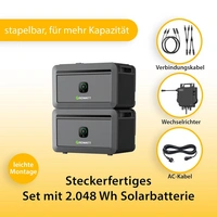 VALE Balkonkraftwerk Bifazial 900 Wp Full Black - Growatt Neo 800M-X Wechselrichter - Growatt Noah 2.048 Wh - Solarpanel Set mit Speicher - 5m VALE Balkonkraftwerk Bifazial 900 Wp Full Black - Growatt Neo 800M-X Wechselrichter - Growatt Noah 2.048 Wh - Solarpanel Set mit Speicher - 5m