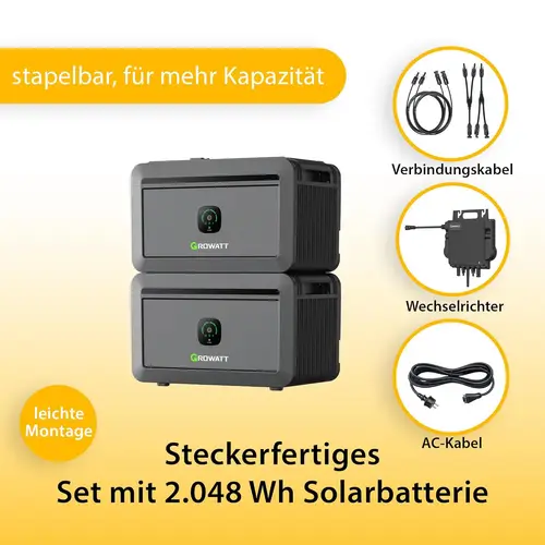 VALE Balkonkraftwerk Bifazial 900 Wp Full Black - Growatt Neo 800M-X Wechselrichter - Growatt Noah 2.048 Wh - Solarpanel Set mit Speicher - 5m VALE Balkonkraftwerk Bifazial 900 Wp Full Black - Growatt Neo 800M-X Wechselrichter - Growatt Noah 2.048 Wh - Solarpanel Set mit Speicher - 5m
