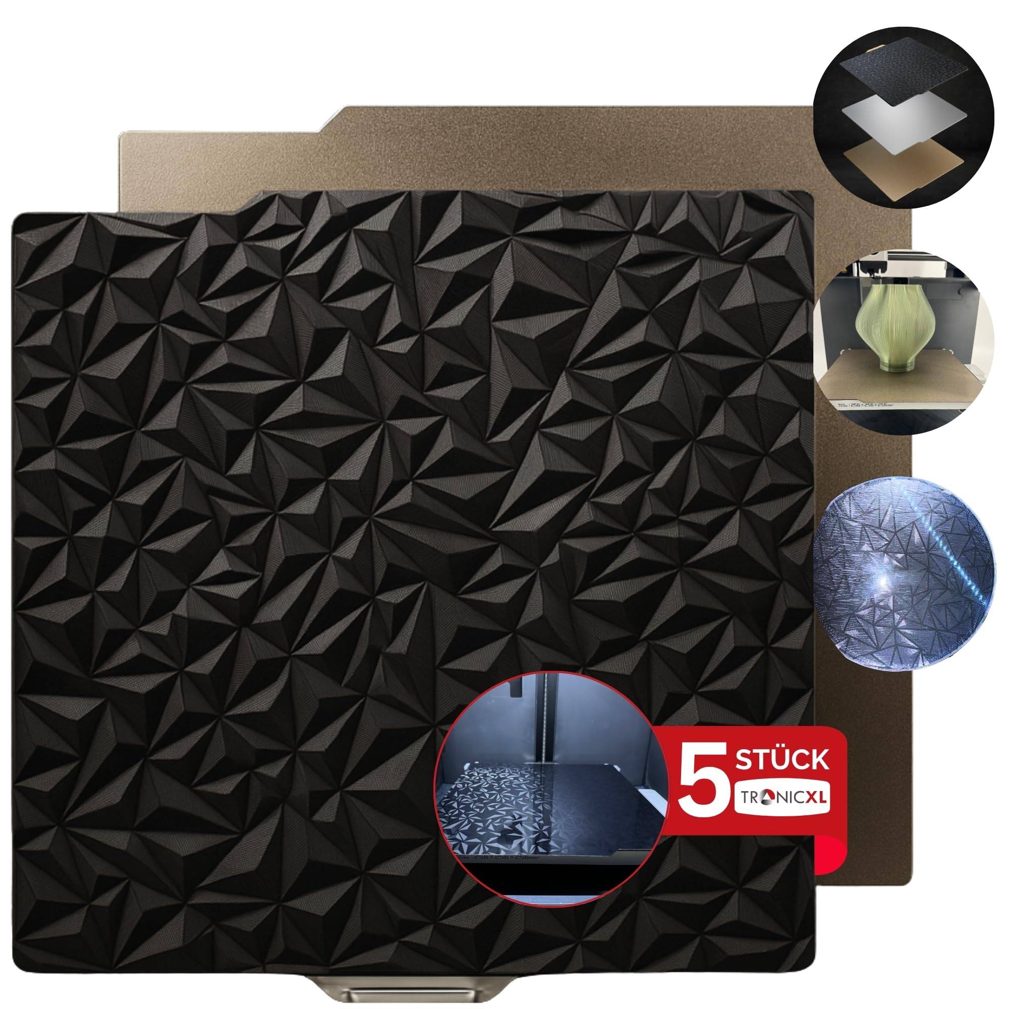 5 Stück für Bambulab Druckplatte Doppelseitig Texturiert PEI + Glattes PEO 257x257mm I Magnetisch Spring Steel Druckbett für Bambu Lab Effekt Diamo