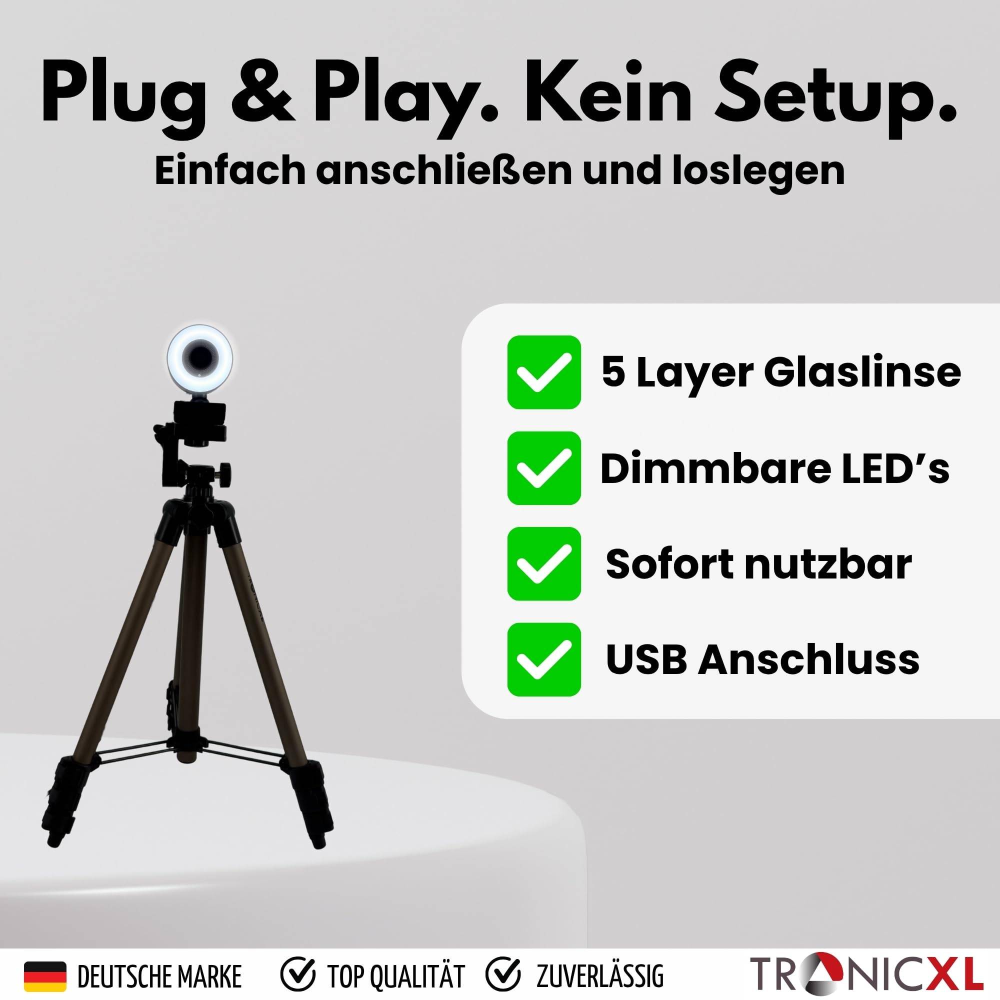 Autofokus Webcam mit Ringlicht Lampe + 113cm Stativ Full HD 1920x1080p I 2 Mikrofone Stereo Geräuschunterdrückung Hintergrund I für Computer PC Lap