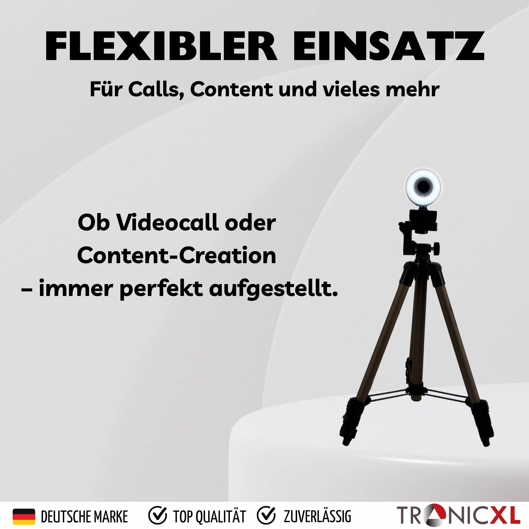 Autofokus Webcam mit Ringlicht Lampe + 113cm Stativ Full HD 1920x1080p I 2 Mikrofone Stereo Geräuschunterdrückung Hintergrund I für Computer PC Lap