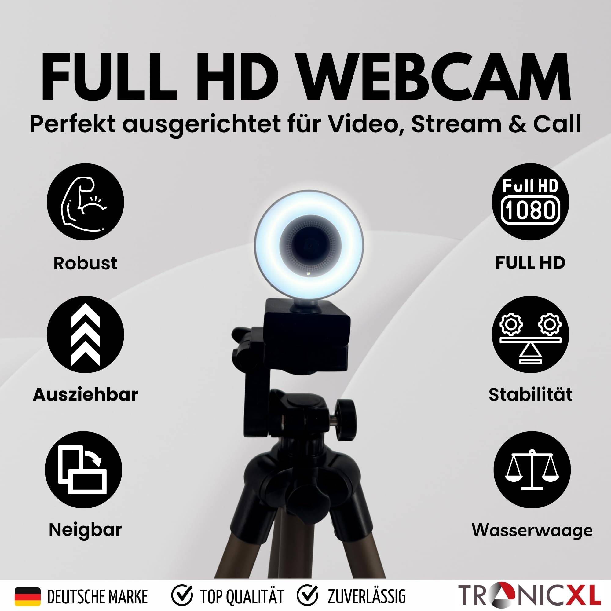 Autofokus Webcam mit Ringlicht Lampe + 113cm Stativ Full HD 1920x1080p I 2 Mikrofone Stereo Geräuschunterdrückung Hintergrund I für Computer PC Lap