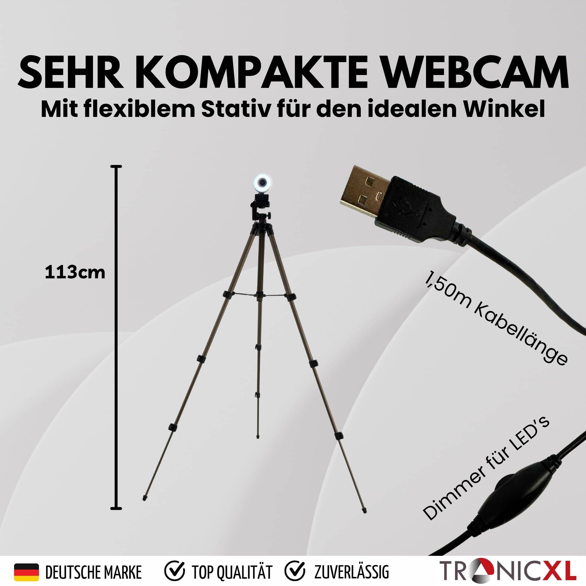 Autofokus Webcam mit Ringlicht Lampe + 113cm Stativ Full HD 1920x1080p I 2 Mikrofone Stereo Geräuschunterdrückung Hintergrund I für Computer PC Lap