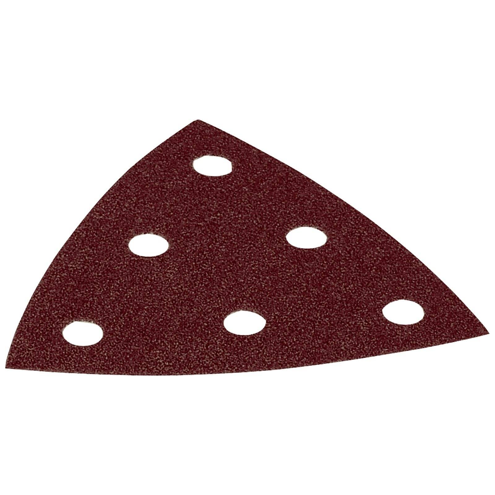 Ein dreieckiges Schleifpapier mit sechs gleichmäßig verteilten Löchern, das zum Schleifen von Oberflächen mit kompatiblen Schleifwerkzeugen verwendet wird.