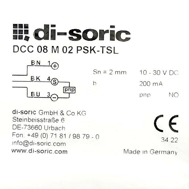 Etikett eines Di-Soric Sensors, Modell DCC 08 M 02 PSK-TSL, mit Schaltplan und Spezifikationen: Sn = 2 mm, 10-30 V DC, 200 mA, pnp, NO.