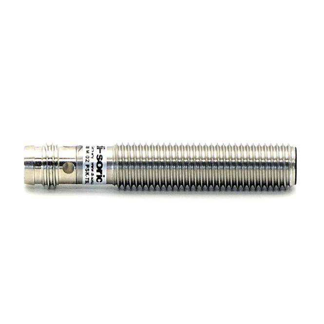 Ein silberner Gewindemetallsensor oder Verbindungsfitting, horizontal auf weißem Hintergrund dargestellt.
