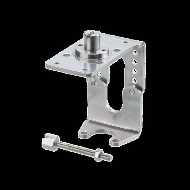 Metallhalterung mit Drehzapfen, mehreren Befestigungslöchern und einer beiliegenden Schraube, verwendet zur verstellbaren Abstützung oder Befestigung.