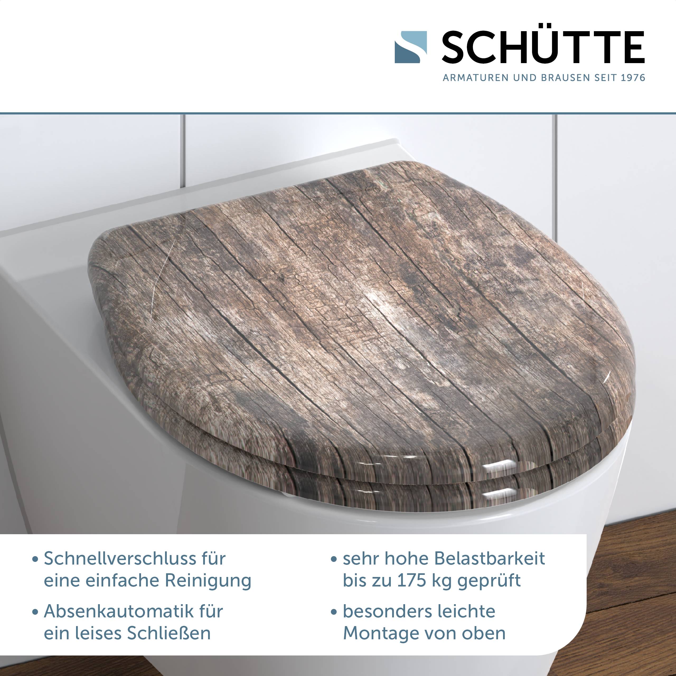 Holztoilettensitz mit rustikalem Finish, montiert auf einer weißen Toilette. Der Text hebt Merkmale wie Soft-Close und eine Tragfähigkeit von 175 kg hervor.