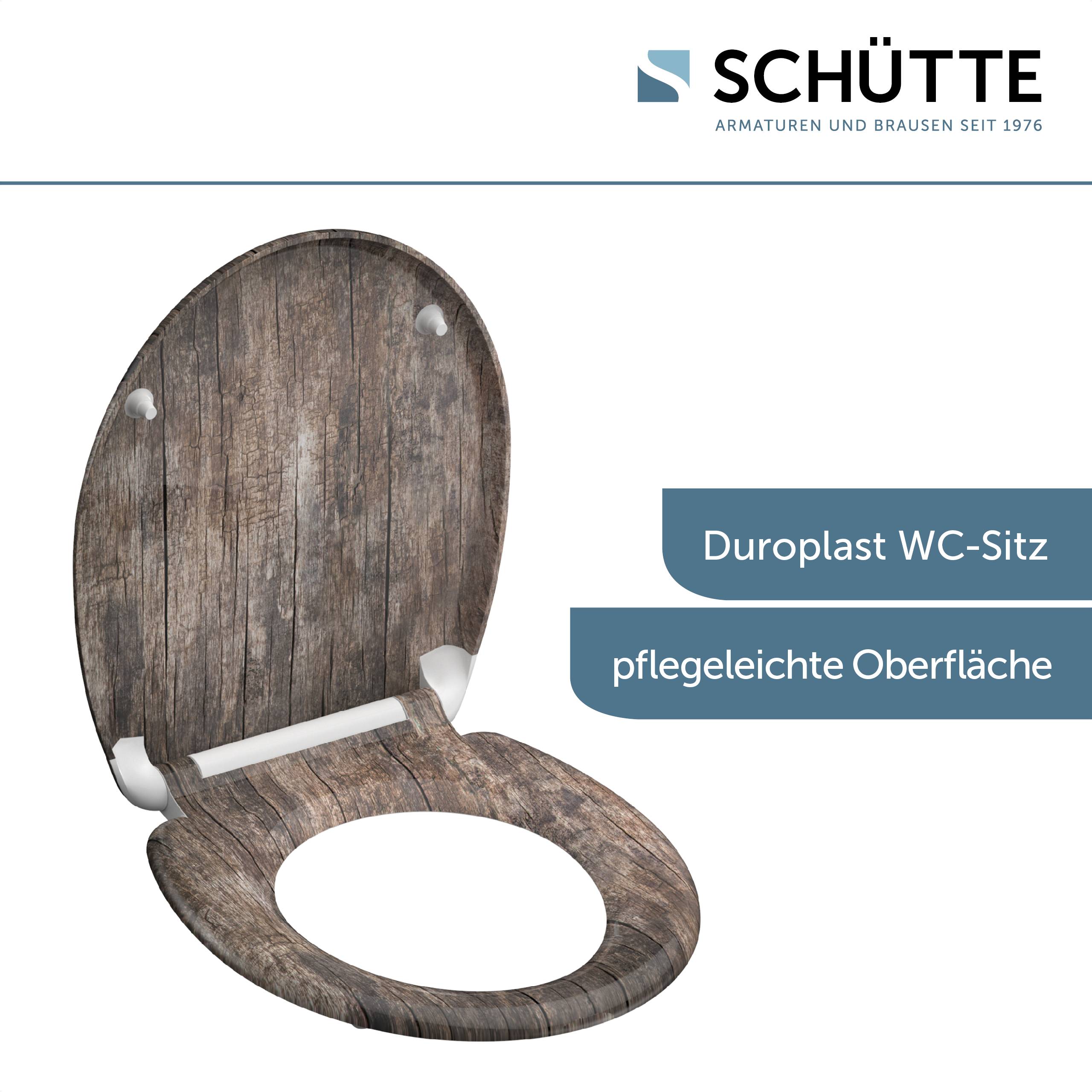 Duoplast WC-Sitz' Toilettensitz mit holzähnlicher Oberfläche, wobei die Eigenschaft 'pflegeleichte Oberfläche' (pflegeleichte Oberfläche) hervorgehoben wird.