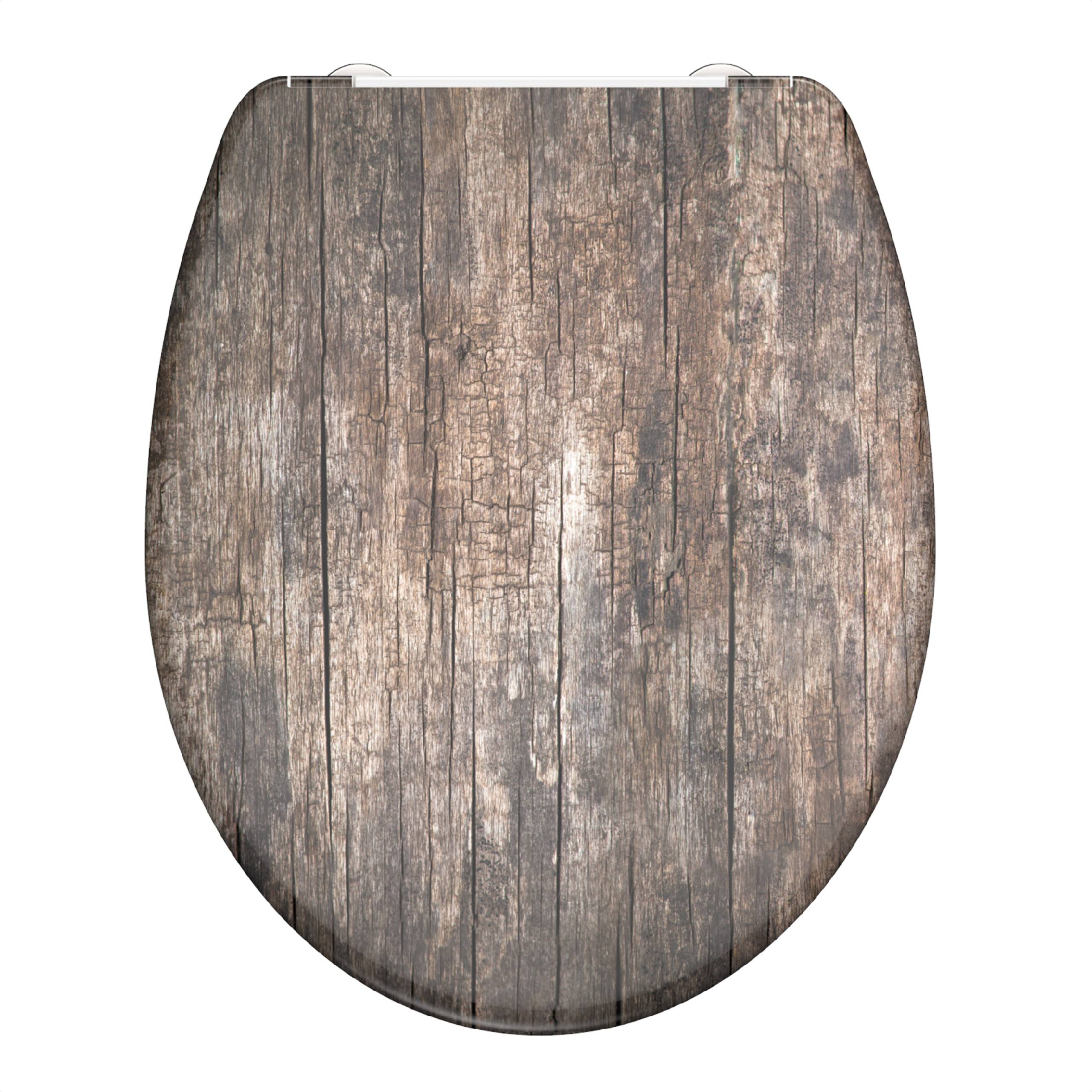 Ein Toilettensitz mit einem gedruckten Design, das verwitterten Holzbrettern in verschiedenen Braun- und Grautönen ähnelt.