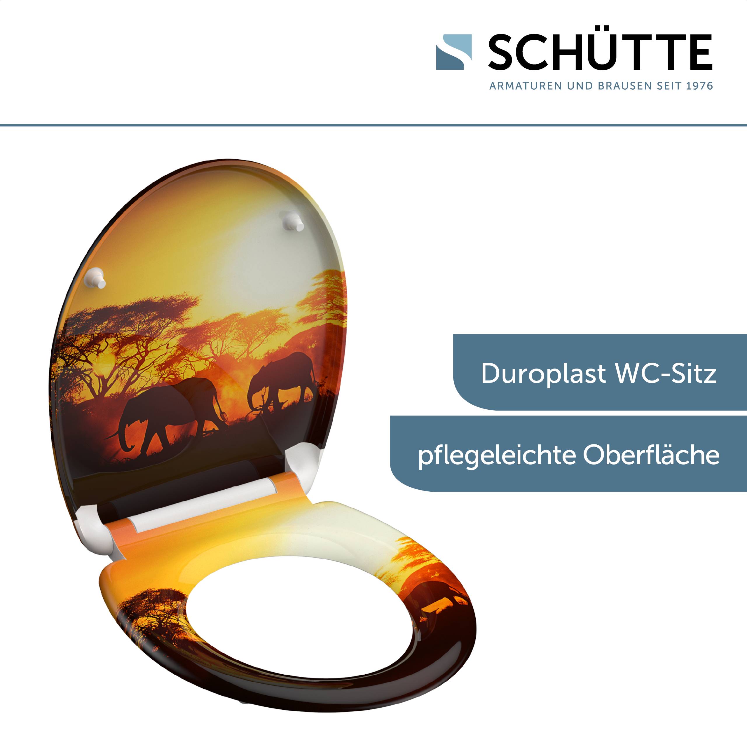 Ein WC-Sitz mit einer afrikanischen Savannenszene mit Elefanten vor einem Sonnenuntergang. Der Text lautet: „Duoplast WC-Sitz, pflegeleichte Oberfläche