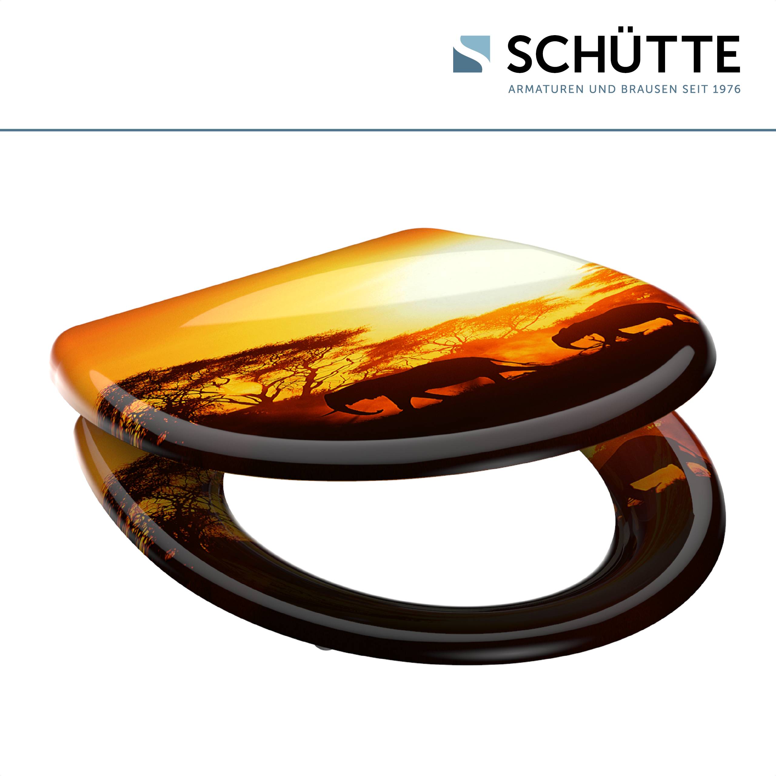 Toilettensitz mit afrikanischem Savannen-Design mit Silhouetten von Elefanten und Akazienbäumen bei Sonnenuntergang. Logo „SCHÜTTE