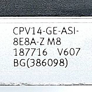 Ein Etikett mit dem Text: 'CPV14-GE-ASI-8E8A-Z M8 187716 V607 BG(386098)'.