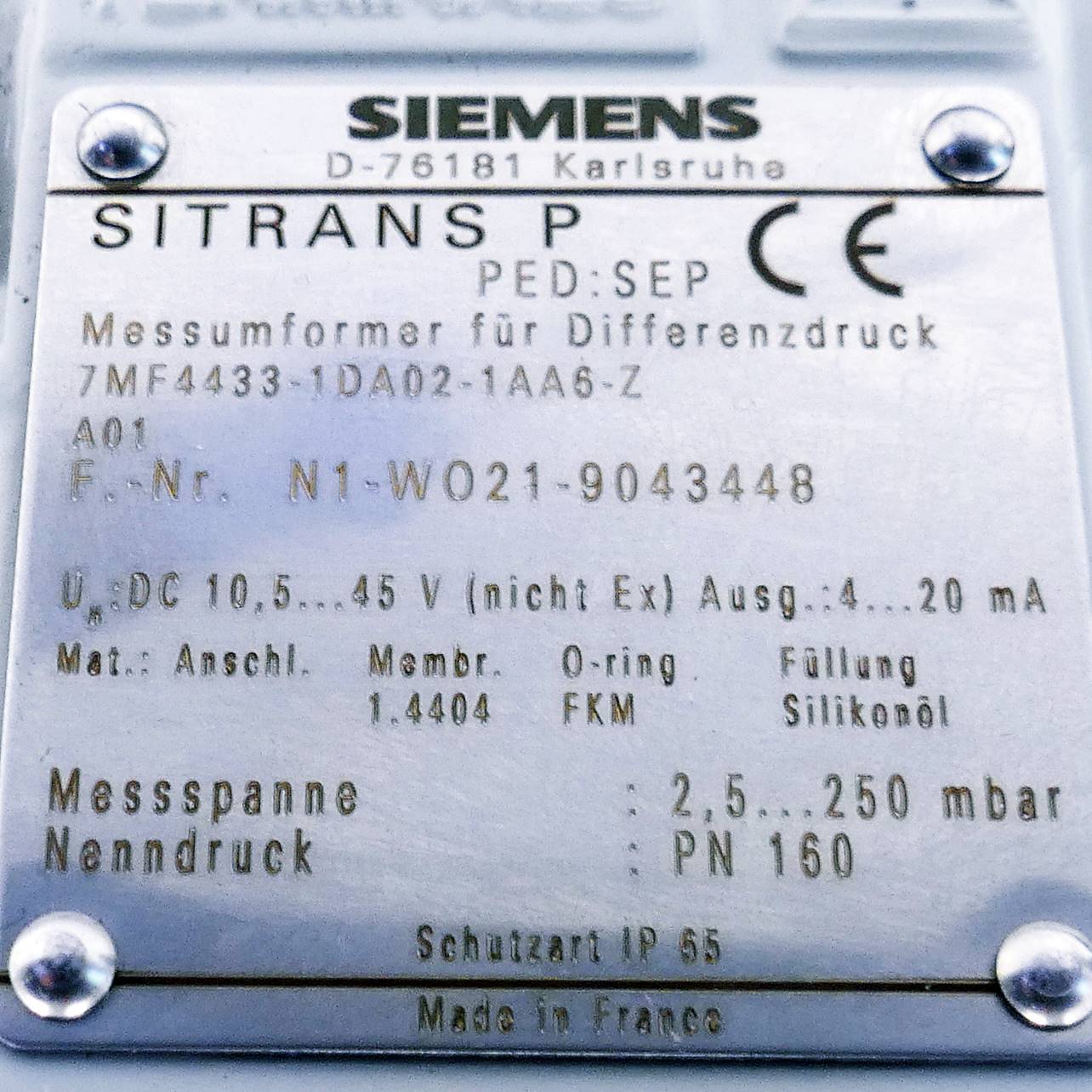 Siemens Messumformer für Differenzdruck (7MF4433-1DA02-1AA6-Z)