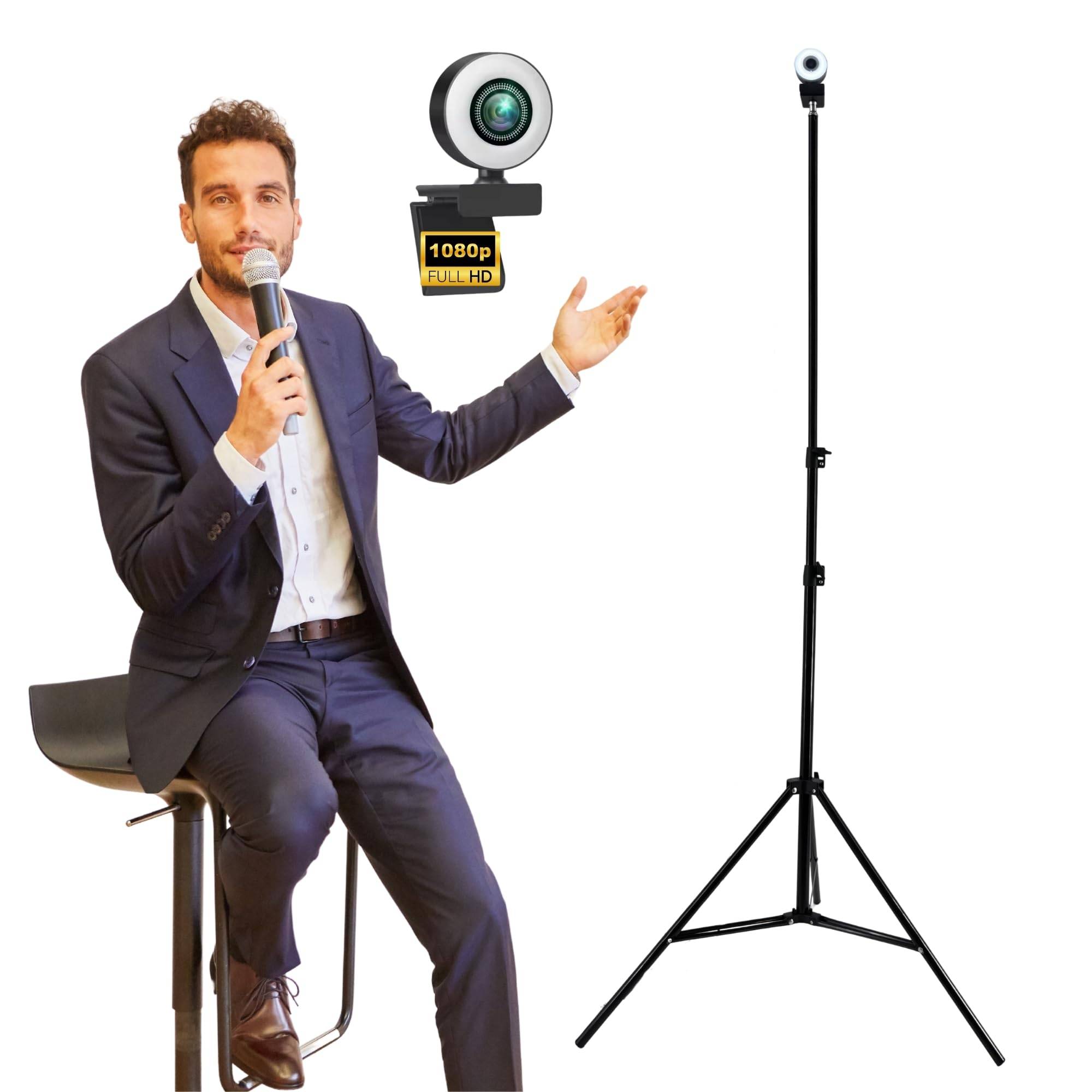 Webcam mit Autofokus Ringlicht Lampe + 210cm Stativ Full HD Mikrofon 1920x1080p Stereo Geräuschunterdrückung Hintergrund I für Computer PC Laptop