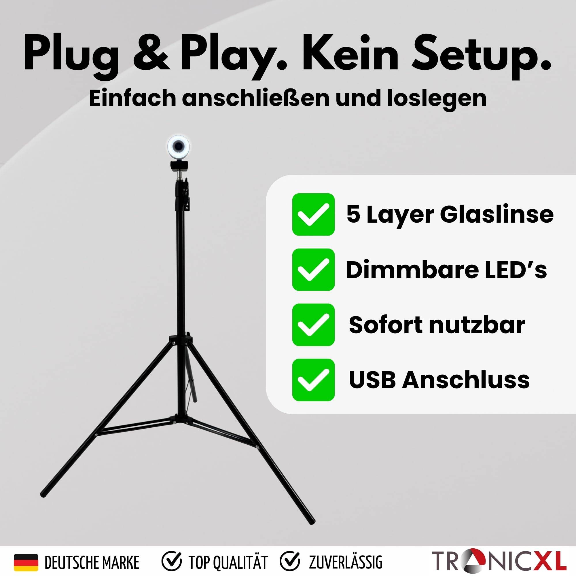 Webcam mit Autofokus Ringlicht Lampe + 210cm Stativ Full HD Mikrofon 1920x1080p Stereo Geräuschunterdrückung Hintergrund I für Computer PC Laptop