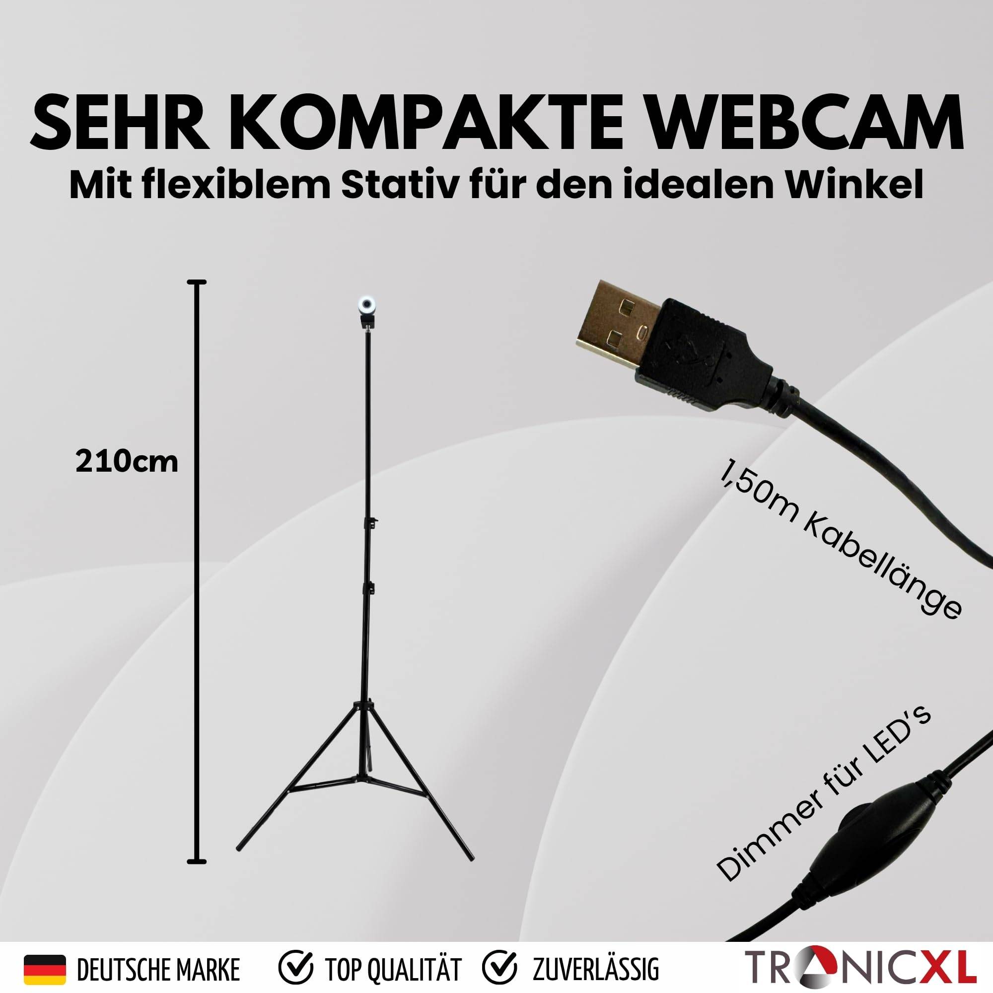 Webcam mit Autofokus Ringlicht Lampe + 210cm Stativ Full HD Mikrofon 1920x1080p Stereo Geräuschunterdrückung Hintergrund I für Computer PC Laptop